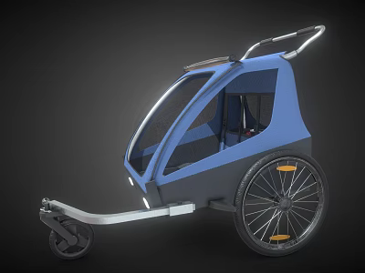 Blue Bicycle Trailer With Cabin Transparent Windshield Silver Frame And Orange Accent Wheels 3d model