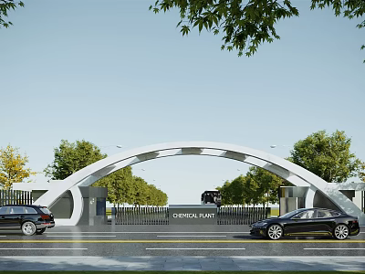 Modern Entrance Gate with Arch Structure at Oasis Park Surrounded by Trees and Cars 3d model