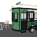 Green Food Cart With Diamond Pattern White Awning Windows And Outdoor Table Chairs Setup