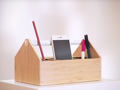 Wooden Bamboo Organizer Box For Daily Essentials Like Smartphone Pens And Lipstick 3d model
