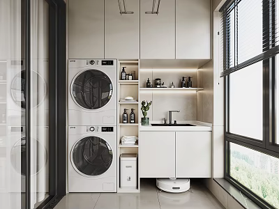 Home Balcony Laundry Area With Washing Machine Dryer White Cabinets And Sink 3d model