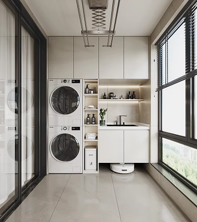 Home Balcony Laundry Area With Washing Machine Dryer White Cabinets And Sink 3d model