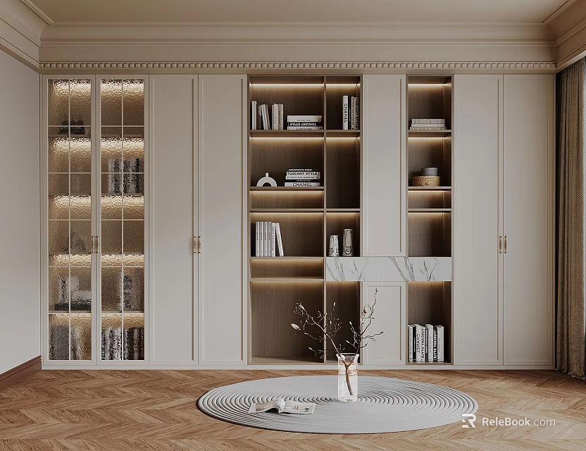Elegant Modern Bookcase Design With Glass Doors LED Lighting And Wooden Shelves 3d model 