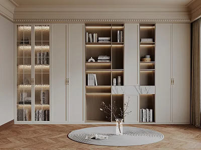 Elegant Modern Bookcase Design With Glass Doors LED Lighting And Wooden Shelves 3d model