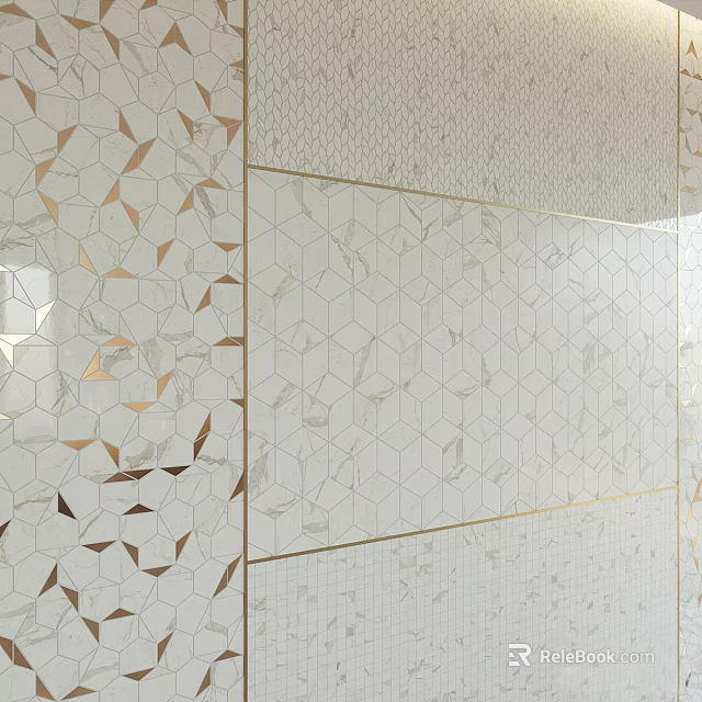 Modern Background Wall With Geometric Pattern Tiles Gold Trim And Marble Texture Design 3d model 