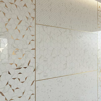 Modern Background Wall With Geometric Pattern Tiles Gold Trim And Marble Texture Design 3d model