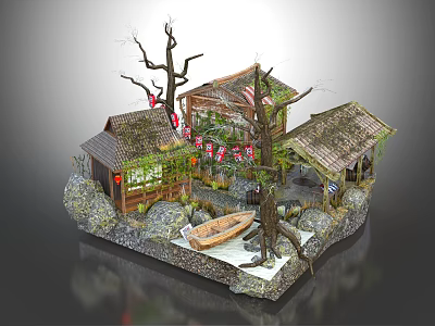 Cartoon Scene Design Featuring Thatched Roof Cottages Trees Small Boat And Flags 3d model