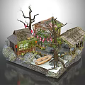 Cartoon Scene Design Featuring Thatched Roof Cottages Trees Small Boat And Flags