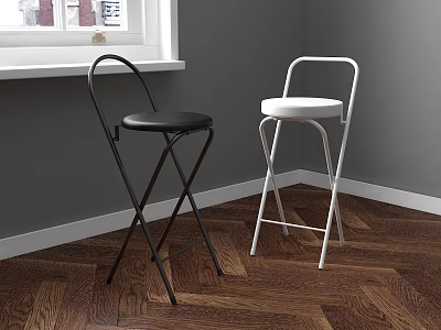 Black and White Bar Stools in Room with Gray Walls Wooden Herringbone Floor and Window 3d model