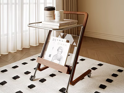 Modern Wheeled Side Table With Coffee Cups Books And Magazine On Rug 3d model