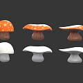 Orange Spotted Mushrooms And White Mushrooms Displayed On Dark Background With Reflections