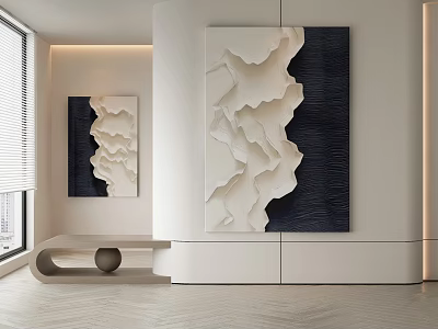 Modern Interior With Black White 3D Decorative Paintings And Curved Bench 3d model