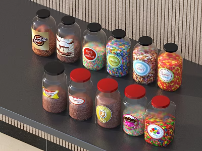 Labeled Glass Bottles With Black And Red Lids Holding Assorted Food Ingredients On Kitchen Countertop 3d model