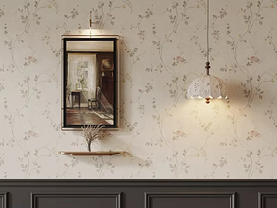 Elegant Interior Wall With Floral Wallpaper Framed Mirror And Wall Lamp Shelf 3d model