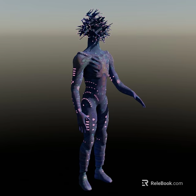 Sci Fi Fantasy Game Movie Character With Dark Skin Spiked Head Pink Spots Stripes 3d model 