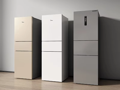 Three Modern Refrigerators in Gold White Gray Colors Standing Against Wall with Wooden Floor 3d model