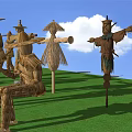 Agricultural Equipment with Scarecrows on Green Grassland under Blue Sky and White Clouds