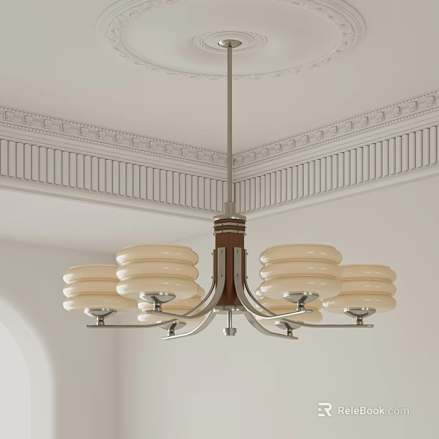 Opal Glass Shades Wooden Metal Chandelier With Decorative Ceiling Molding 3d model 