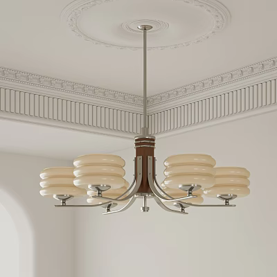 Opal Glass Shades Wooden Metal Chandelier With Decorative Ceiling Molding 3d model