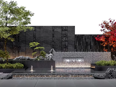 Modern Courtyard Design With Waterfall Feature Black Wall Green Red Trees And Stones 3d model