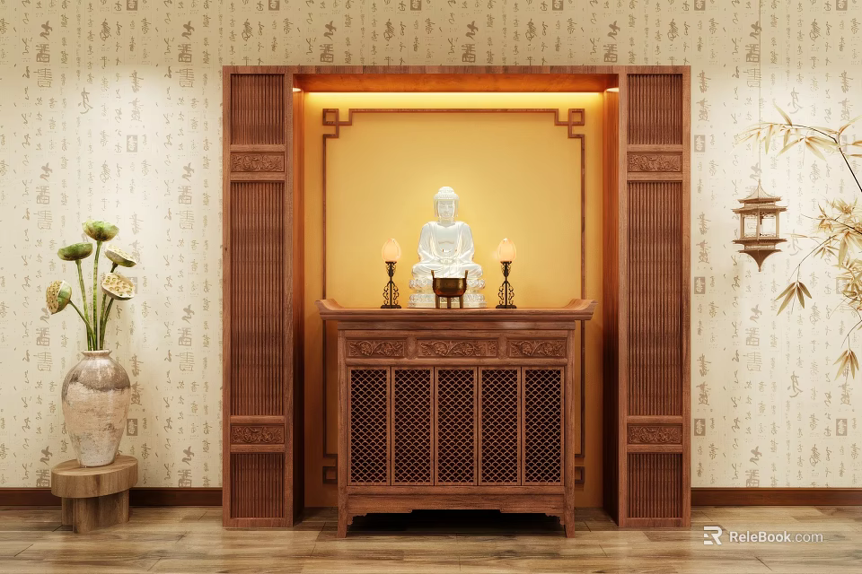 Wooden carved illuminated Buddhist shrine cabinet with Buddha statue flower vase and scripture wallpaper 3d model 