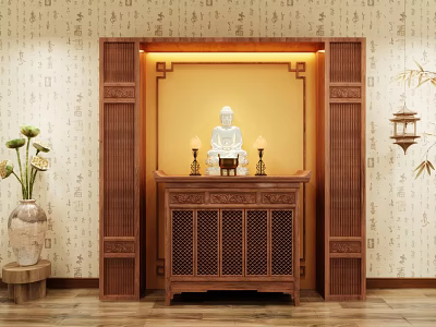 Wooden carved illuminated Buddhist shrine cabinet with Buddha statue flower vase and scripture wallpaper 3d model