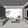 Modern Living Room Interior With Beige Sofa Coffee Table Armchair TV Fireplace And Window Blinds