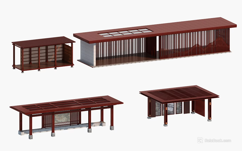Dark Red Outdoor Pavilion Designs Featuring Various Roof Structures And Perforated Panel Details 3d model 