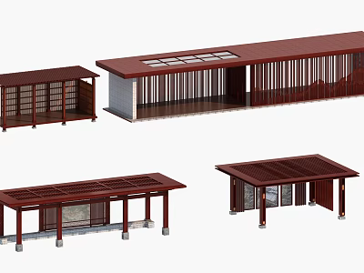 Dark Red Outdoor Pavilion Designs Featuring Various Roof Structures And Perforated Panel Details 3d model