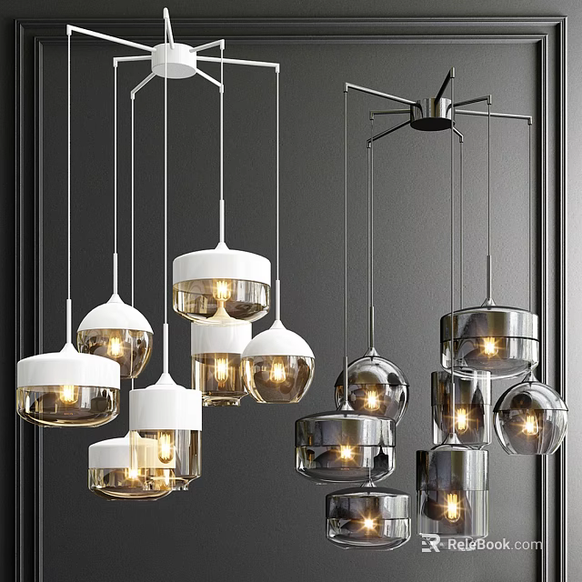 Modern Pendant Lights With White And Silver Globe Designs Glowing In Dark Interior 3d model 