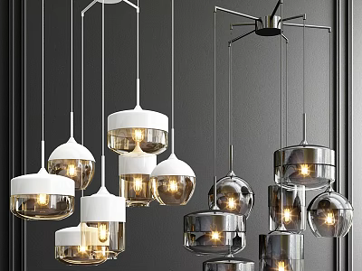 Modern Pendant Lights With White And Silver Globe Designs Glowing In Dark Interior 3d model