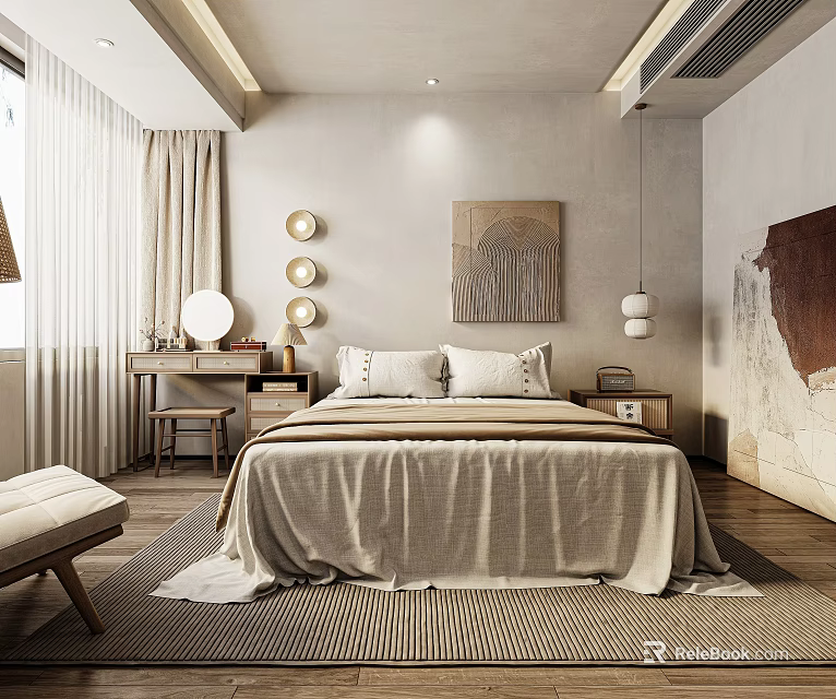 Cozy Bedroom Interior Design With Linen Bed Bedding Wall Art Pendant Lights And Area Rug 3d model 