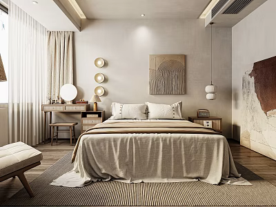 Cozy Bedroom Interior Design With Linen Bed Bedding Wall Art Pendant Lights And Area Rug 3d model