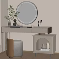 Modern Vanity Table With Round Striped Mirror Drawers Stool And Potted Plant 3d model