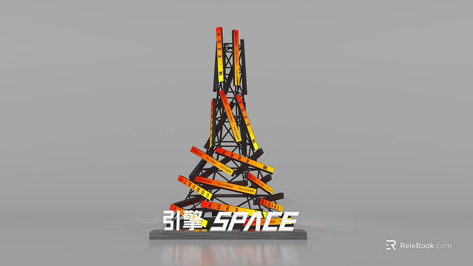 Colorful Art Installation With Tower Like Structure And Black Frame Orange Yellow Strips 3d model 