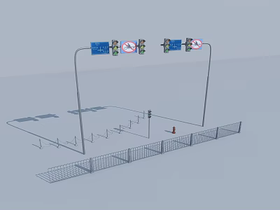 Outdoor Street Lights With Traffic Signals No Parking Signs Fencing And Ground Markings 3d model