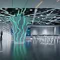 Futuristic Tech Interior With Glowing Green Line Structure Ceiling Circuit Patterns And Geometric Floor 3d model