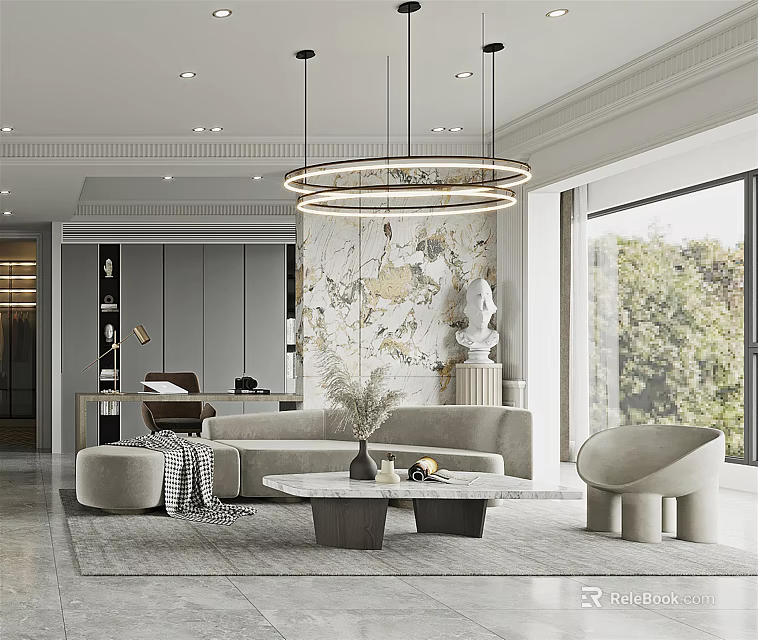 Modern Living Dining Room Interior With Circular Chandelier Mural Sofa And Floor To Ceiling Window 3d model 
