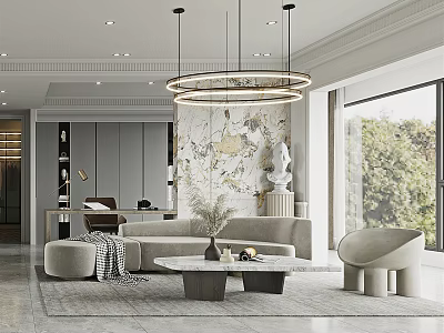 Modern Living Dining Room Interior With Circular Chandelier Mural Sofa And Floor To Ceiling Window 3d model
