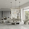 Modern Living Dining Room Interior With Circular Chandelier Mural Sofa And Floor To Ceiling Window