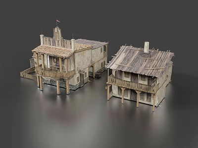 Traditional Rustic Homestay Buildings With Wooden Roofs and Verandas In Village Style Design 3d model