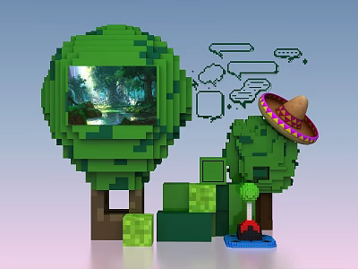 Pixel Art Trees With Screen Showing Forest Scene And Mexican Hat 3d model