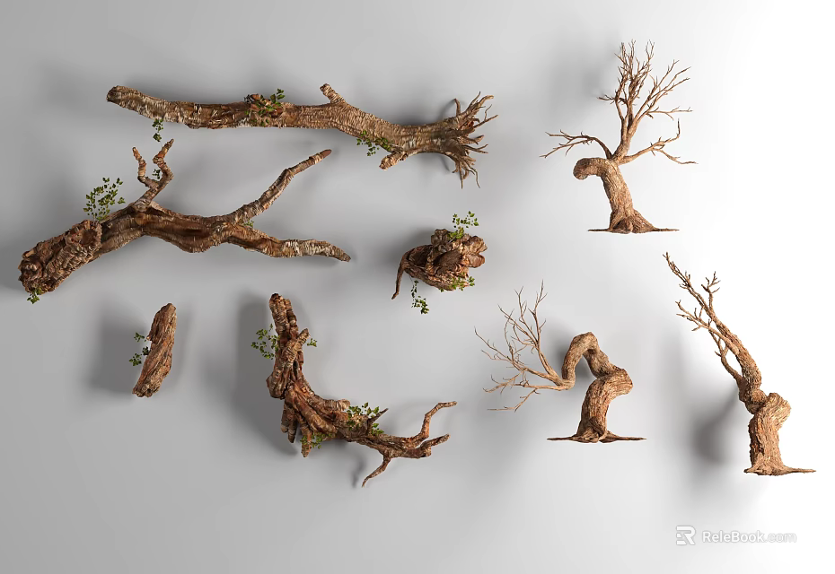 Various Shaped Tree Branches With Green Foliage Display On Gray Background 3d model 