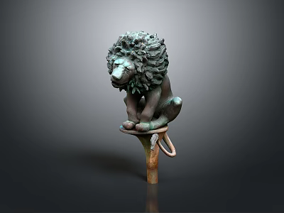 Green Patina Bronze Lion Sculpture Sitting On Decorative Metal Base Artwork 3d model