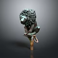 Green Patina Bronze Lion Sculpture Sitting On Decorative Metal Base Artwork