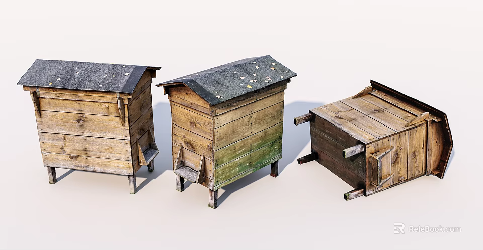 Three Vintage Wooden Crates With Sloped Roofs And Weathered Rustic Design 3d model 