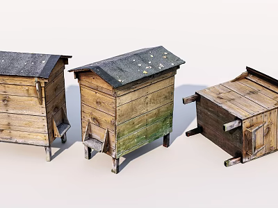 Three Vintage Wooden Crates With Sloped Roofs And Weathered Rustic Design 3d model