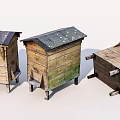 Three Vintage Wooden Crates With Sloped Roofs And Weathered Rustic Design