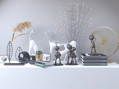 Modern Decorative Ornament Set With Abstract Figurines Metal Sculptures Vases And Pampas Grass Decor 3d model
