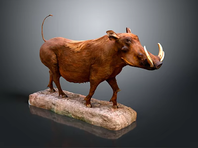 Warthog Taxidermy Specimen Standing On Stone Base With Brown Fur And Tusks 3d model